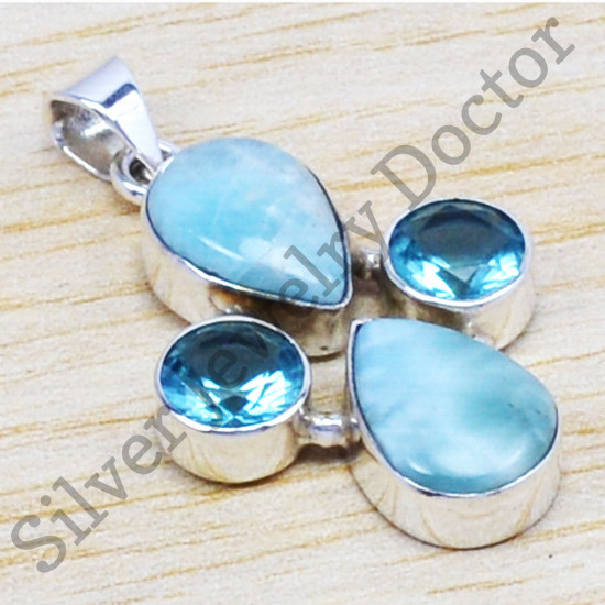 925 real silver designer jewelry larimar & blue topaz gemstone fine pendant WP-6540