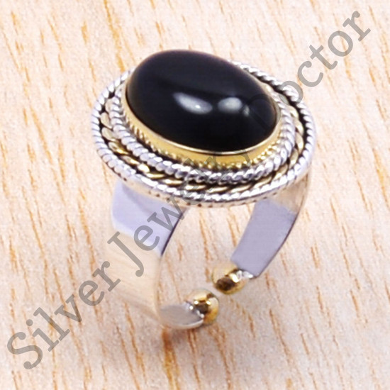 925 Sterling Silver And Brass Fine Black Onyx Gemstone Fantastic Ring SJWR-125