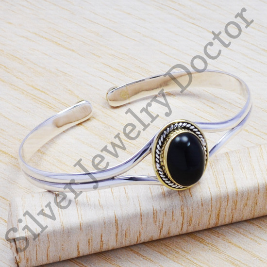 925 sterling silver and brass hand-finished jewelry black onyx stone bangle SJWB-32