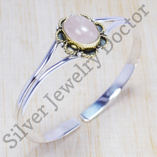 925 sterling silver and brass jewelry rose quartz gemstone designer bangle SJWB-42