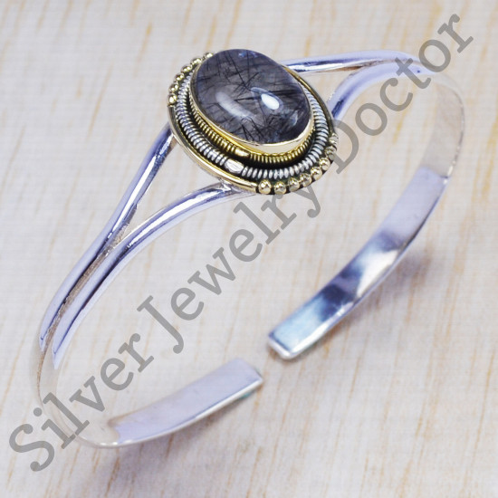 925 sterling silver and brass handmade jewelry black rutile gemstone bangle SJWB-43