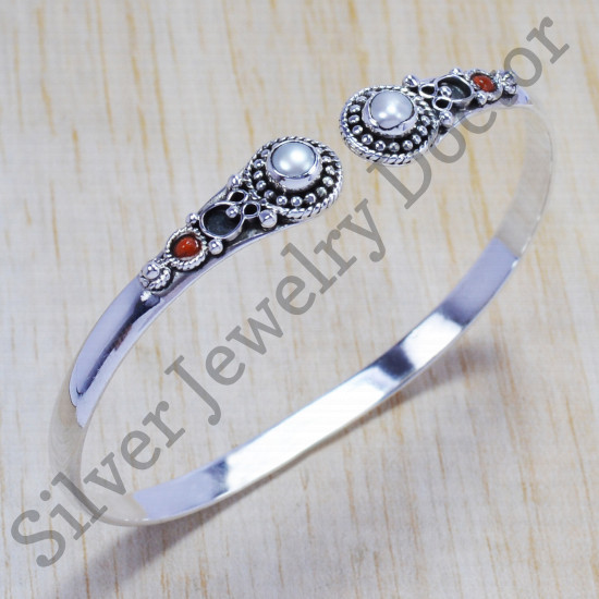 925 sterling silver jewelry pearl and carnelian gemstone designer bangle SJWB-49