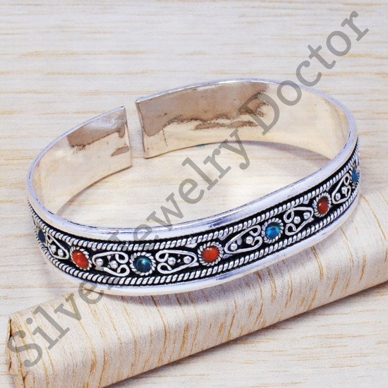 carnelian and turquoise gemstone 925 sterling silver handmade jewelry bangle SJWB-62