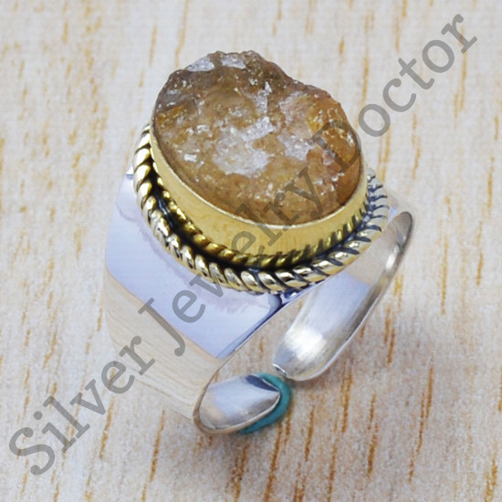 925 Sterling Silver And Brass Golden Rutile Rough Gemstone Jewelry Ring SJWR-341