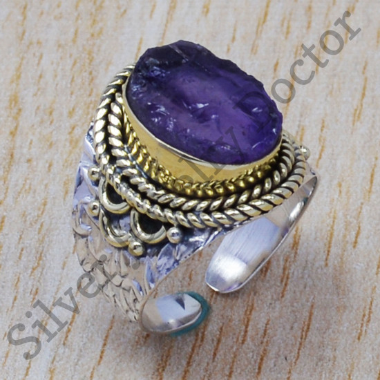 925 Sterling Silver And Brass Jewelry Amethyst Rough Gemstone Handmade Ring SJWR-348