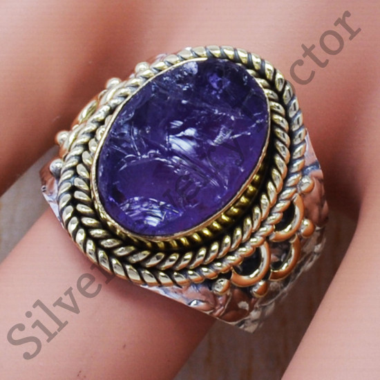 925 Sterling Silver And Brass Jewelry Amethyst Rough Gemstone Handmade Ring SJWR-348