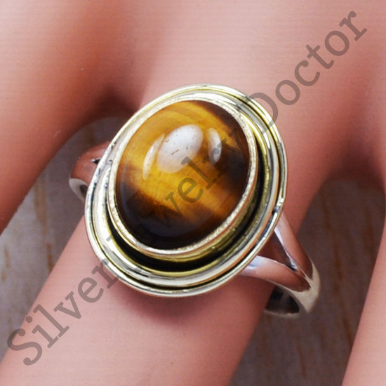  925 Sterling Silver And Brass Fine Tiger Eye Gemstone Fantastic Ring SJWR-369