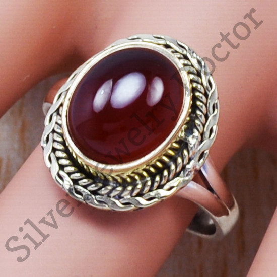 Beautiful 925 Sterling Silver And Brass Red Onyx Gemstone Fine Ring SJWR-371