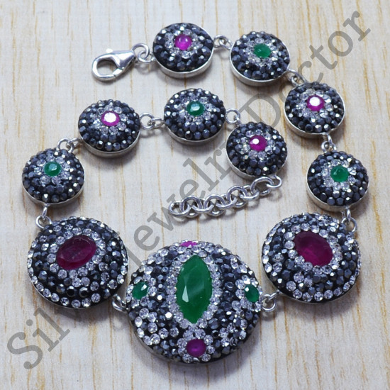 925 Sterling Silver New Fashion Emerald And Ruby Gemstone Jewelry Bracelet SJWBR-107