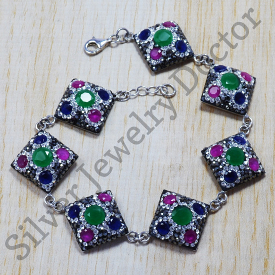 925 Silver Ruby Emerald And Sapphire Gemstone Handmade Bracelet SJWBR-116