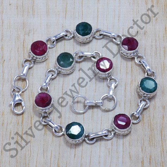 925 Sterling Silver Handmade Jewelry Ruby And Emerald Bracelet SJWBR-133