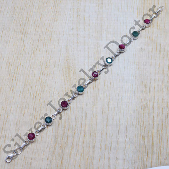 925 Sterling Silver Handmade Jewelry Ruby And Emerald Bracelet SJWBR-133