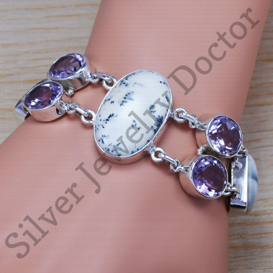 Dentricite Opal And Amethyst Gemstone 925 Silver Designer Jewelry Bracelet SJWBR-195