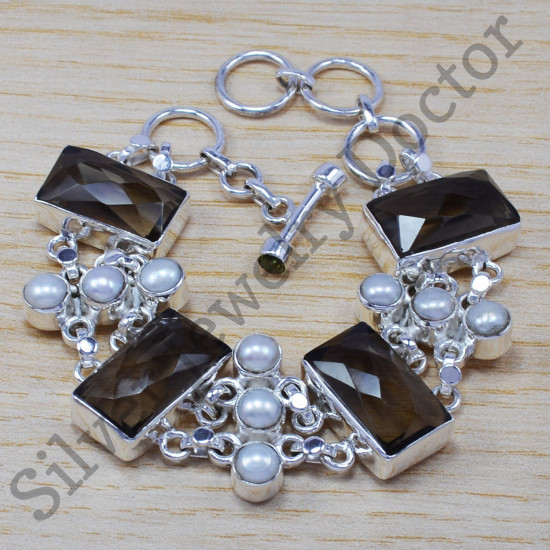 925 sterling silver beautiful jewelry Smoky And Pearl gemstone bracelet SJWBR-218