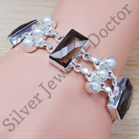 925 sterling silver beautiful jewelry Smoky And Pearl gemstone bracelet SJWBR-218