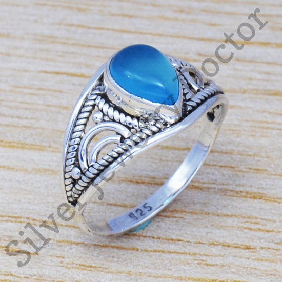 Indian Traditional Look 925 Sterling Silver Blue Chalcedony Gemstone Jewelry Ring SJWR-514