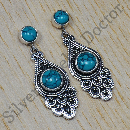 Pure 925 Sterling Silver Oxidized Jewelry Turquoise Gemstone Stud Earring SJWES-10