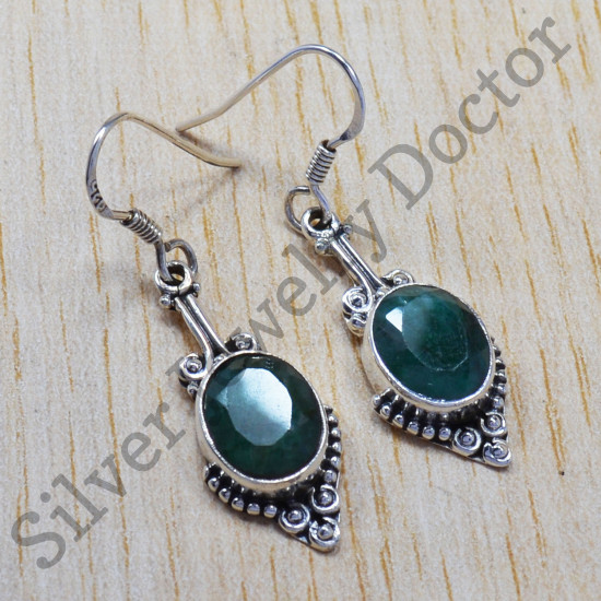 Real 925 Sterling Silver Jewelry Royal Emerald Gemstone Oxidized Earring SJWE-107