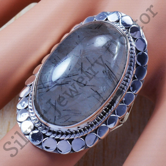 Black Rutile Gemstone Pure 925 Silver Wedding Jewelry Fine Rings SJWR-648
