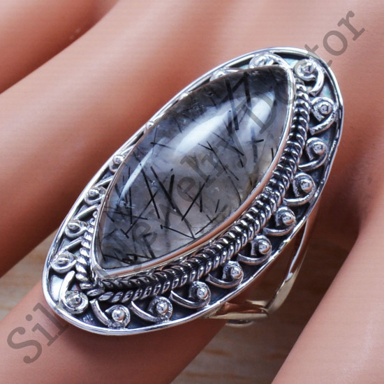 Antique Look Black Rutile Gemstone 925 Sterling Silver Jewelry Ring SJWR-681