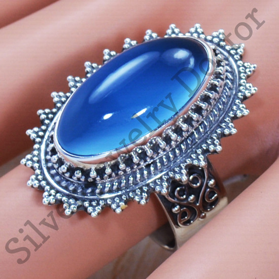 925 Sterling Silver Classic Jewelry Blue Chalcedony Gemstone Fancy Ring SJWR-719