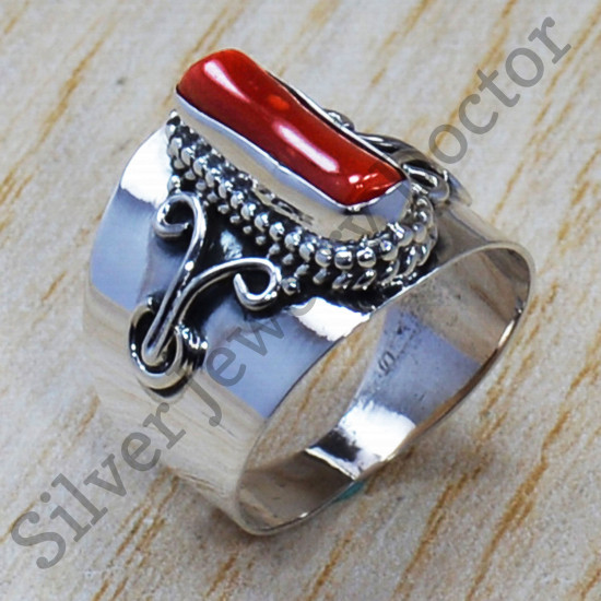 925 Sterling Silver Coral Gemstone Capsule Shape Jewelry Exclusive Ring SJWR-733