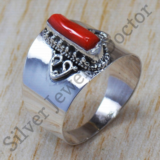 Designer 925 Sterling Silver Capsule Shape Jewelry Coral Gemstone Ring SJWR-736
