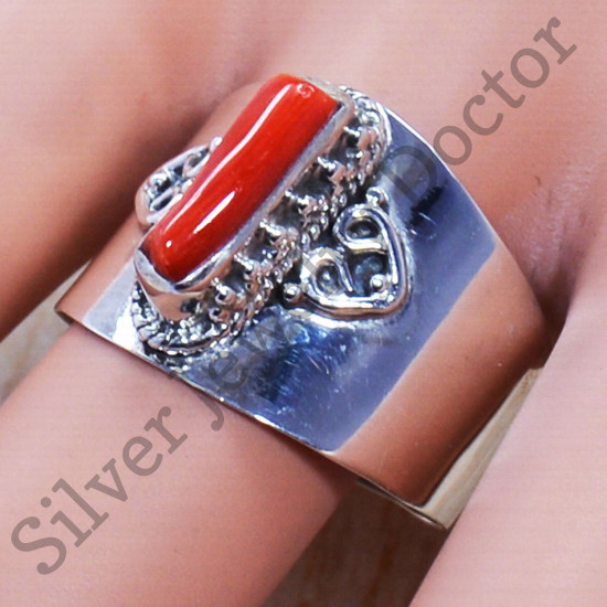 Designer 925 Sterling Silver Capsule Shape Jewelry Coral Gemstone Ring SJWR-736