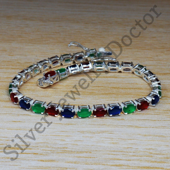 925 Sterling Silver Classic Jewelry Ruby And Multi Gemstones Bracelet SJWBR-254