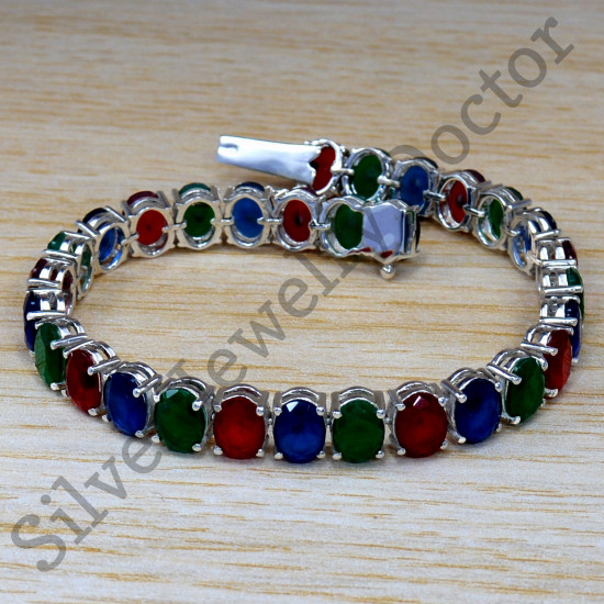 Authentic 925 Sterling Silver Jewelry Sapphire And Multi Gemstones Bracelet SJWBR-258