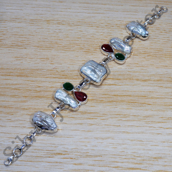 925 Sterling Silver Handmade Jewelry Emerald And Multi Gemstones Bracelet SJWBR-270