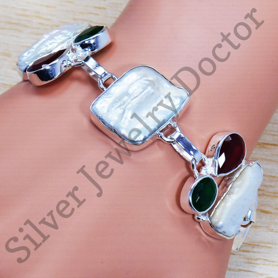 925 Sterling Silver Handmade Jewelry Emerald And Multi Gemstones Bracelet SJWBR-270