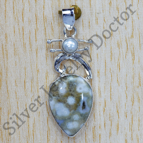 925 Real Sterling Silver Jasper And Pearl Gemstone Jewelry Fine Pendant SJWP-113