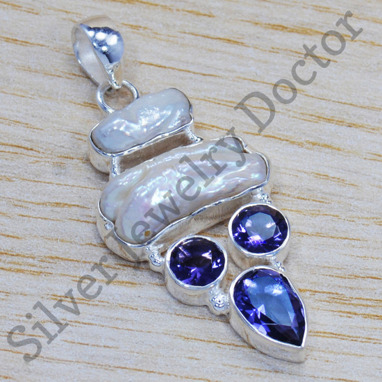 925 Sterling Silver Jewelry Pearl And Amethyst Stone Beautiful Pendant SJWP-123