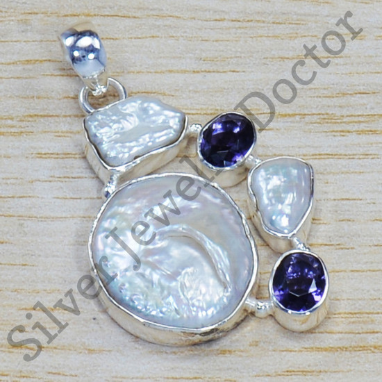 Causal Wear Jewelry Pearl And Amethyst Stone 925 Sterling Silver Pendant SJWP-139