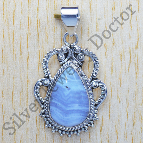 Blue Lace Agate Gemstone Unique Jewelry 925 Sterling Silver Pendant SJWP-176