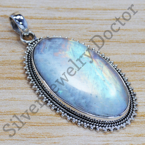 925 Real Sterling Silver Jewelry Rainbow Moonstone Royal Pendant SJWP-197