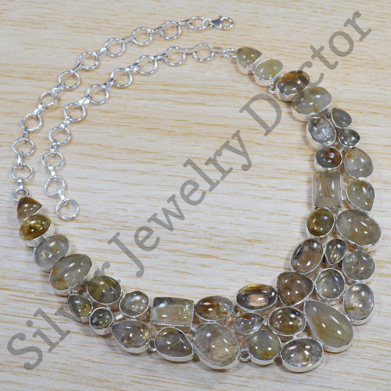 925 Sterling Silver Anniversary Gift Jewelry Golden Rutile Gemstone Necklace SJWN-9