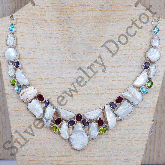 Casual Wear 925 Sterling Silver Jewelry Pearl And Multi Stone Necklace SJWN-19