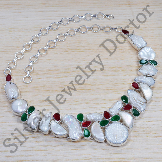 Antique Look Jewelry Ruby And Multi Stone 925 Sterling Silver Necklace SJWN-21
