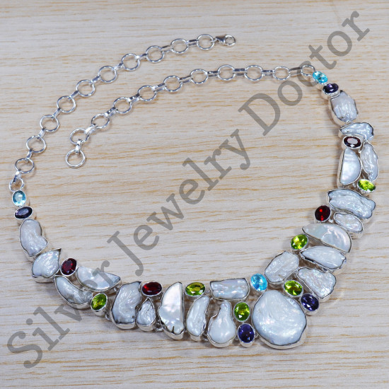 Authentic 925 Sterling Silver Jewelry Peridot And Multi Stone Stylish Necklace SJWN-22