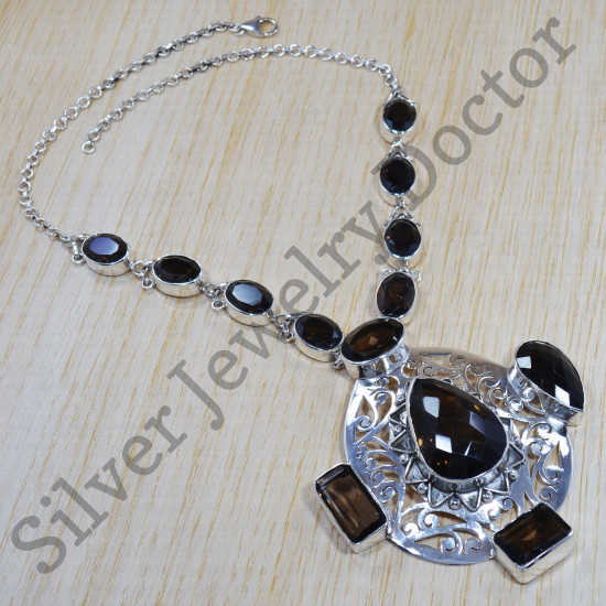Semi Precious 925 Sterling Silver Jewelry Smoky Quartz Gemstone Necklace SJWN 51