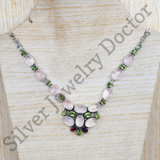 Ancient Look 925 Sterling Silver Rose Quartz Gemstone Jewelry Necklace SJWN-59