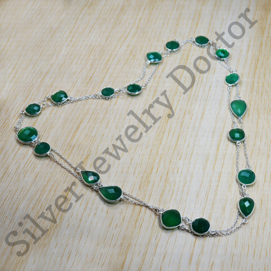 Latest Fashion Green Onyx Gemstone Jewelry 925 Sterling Silver Necklace SJWN-67
