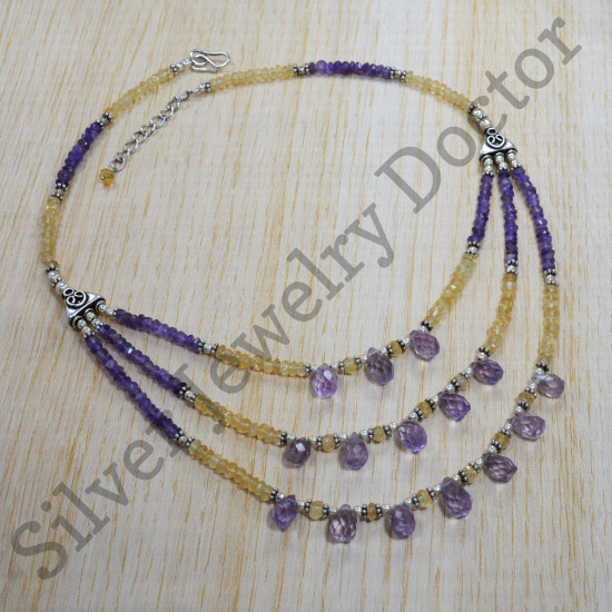 925 Sterling Silver Citrine And Amethyst Gemstone Nice Jewelry Necklace SJWN-79