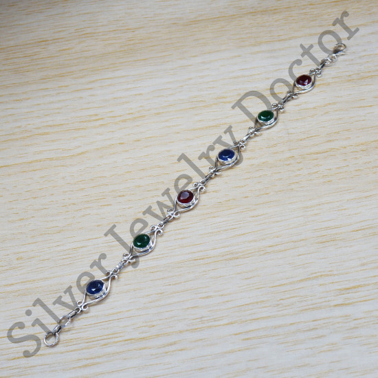 Authentic 925 Sterling Silver Ruby And Multi Gemstone Jewelry Fine Bracelet SJWBR-283