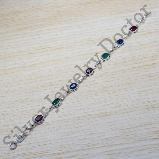 925 Sterling Silver Jewelry Emerald And Multi Gemstone Handmade Bracelet SJWBR-285