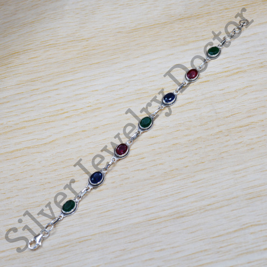 Classic Jewelry 925 Sterling Silver Emerald And Multi Gemstone Bracelet SJWBR-287
