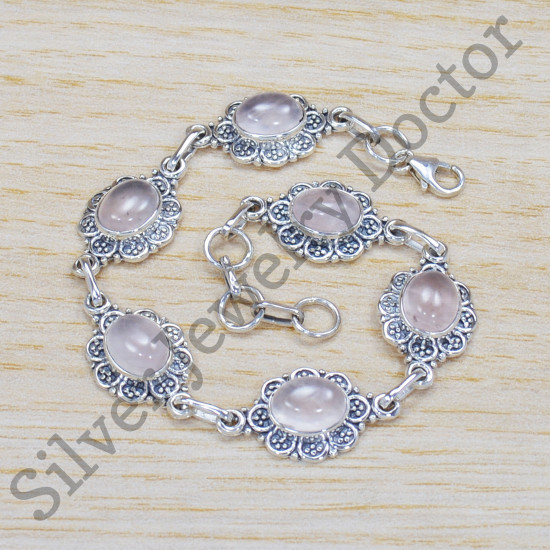 925 Sterling Silver Semi Precious Jewelry Rose Quartz Gemstone Bracelet SJWBR-329