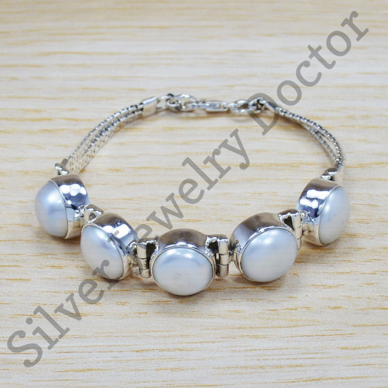 Beautiful Pearl Gemstone Jewelry Genuine 925 Sterling Silver Bracelet SJWBR-334